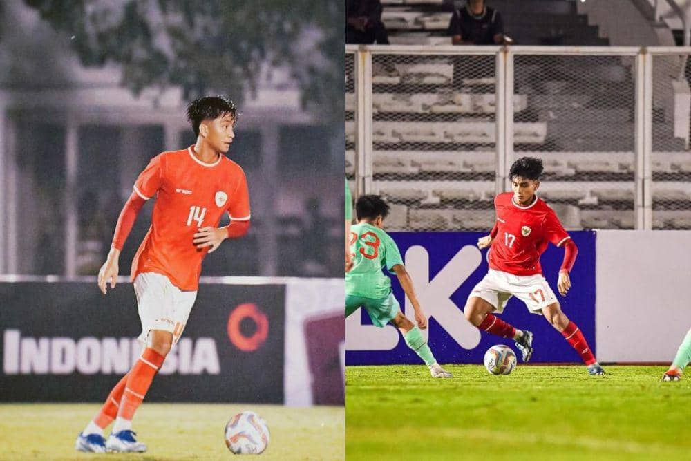 Dua pemain muda PSM Makassar, Sulthan Zaky (kiri) dan Mufli Hidayat (kanan), saat tampil bersama Timnas Indonesia U-20 pada Maret 2024. (Kolase Berbagai Sumber)