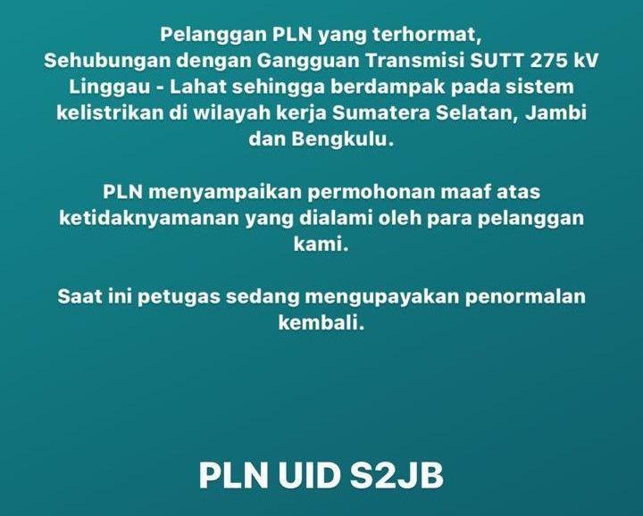 Sumbagsel Blackout Akibat Gangguan Transmisi SUTT Lubuk Linggau-Lahat