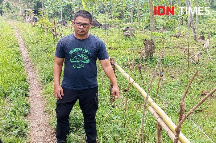 Jamin Hartono saat berada diatas tanah miliknya, Rabu (1q/6/2024).(IDN Times/Cokie Sutrisno)
