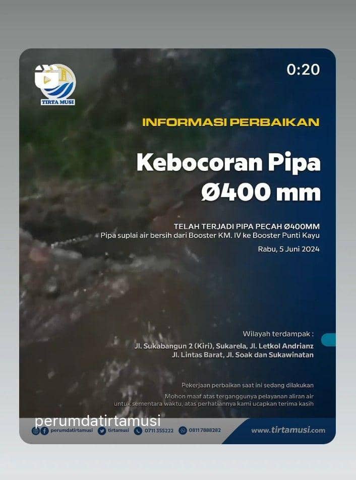 Pipa PDAM Tirta Musi Palembang bocor (Dok. Instagram perumdatirtamusi)