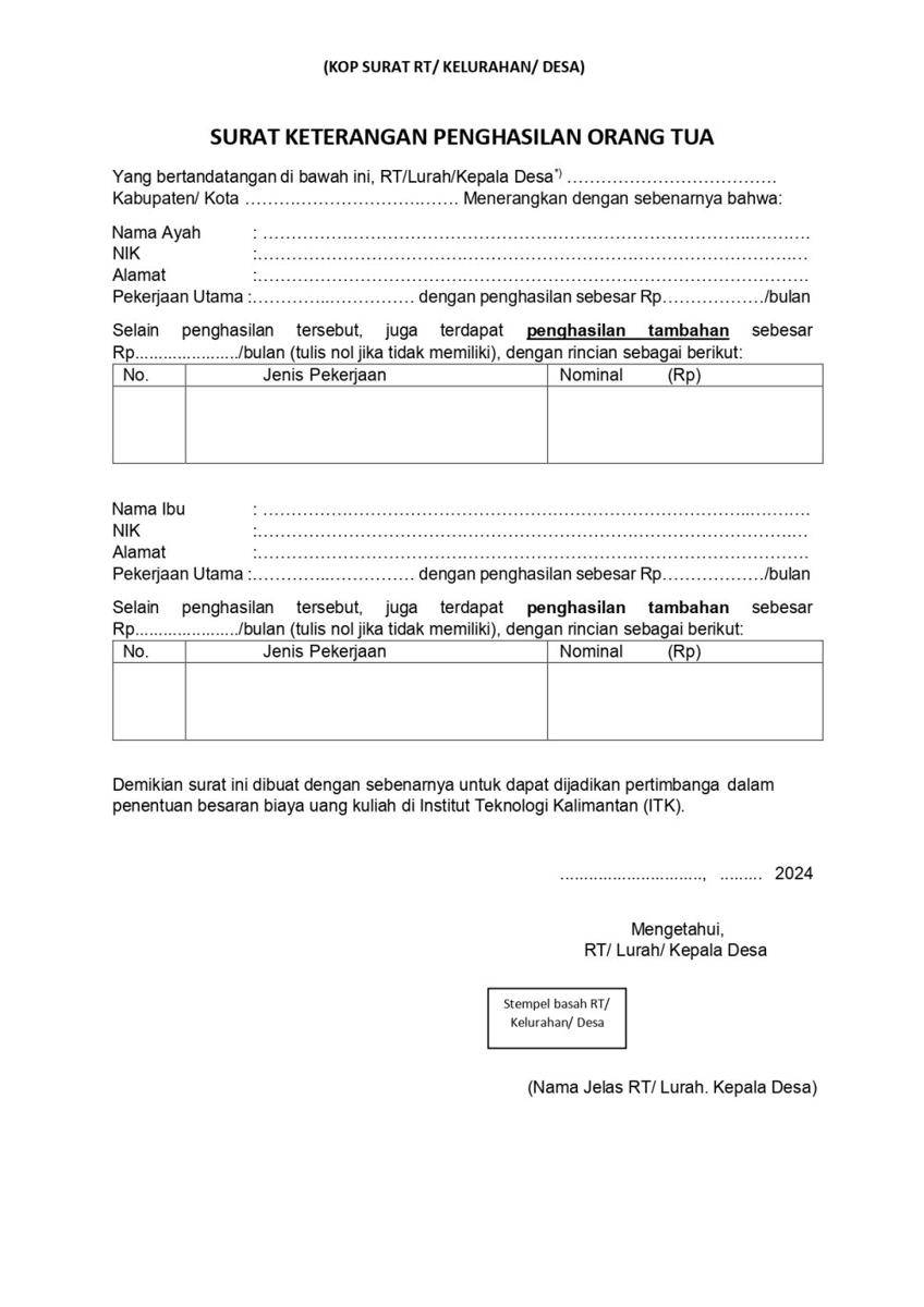 Surat Keterangan Penghasilan Orang Tua