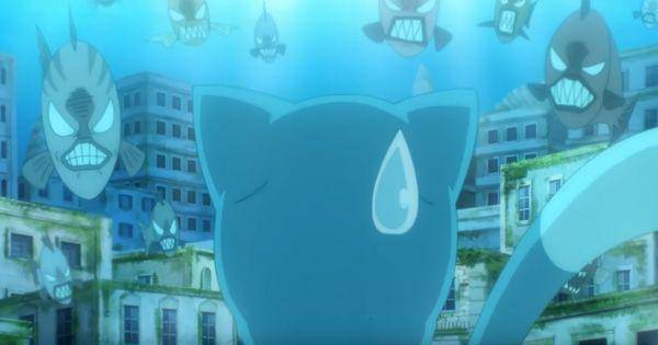 Happy ketakutan melihat banyak ikan yang marah ( Dok. TVアニメ FAIRY TAIL 100年クエスト 公式 )