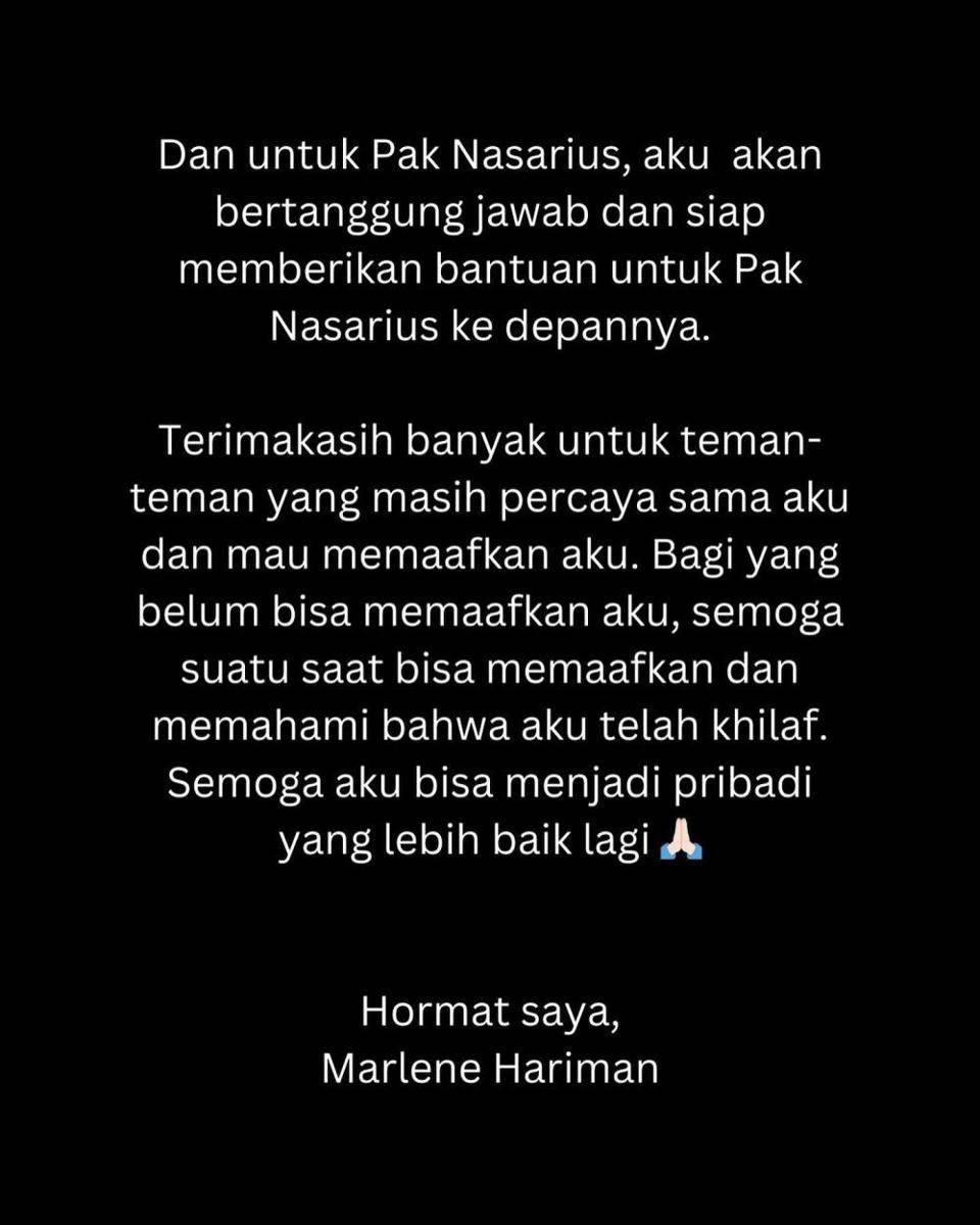 klarifikasi Marlene Hariman (instagram.com/marlenehariman)