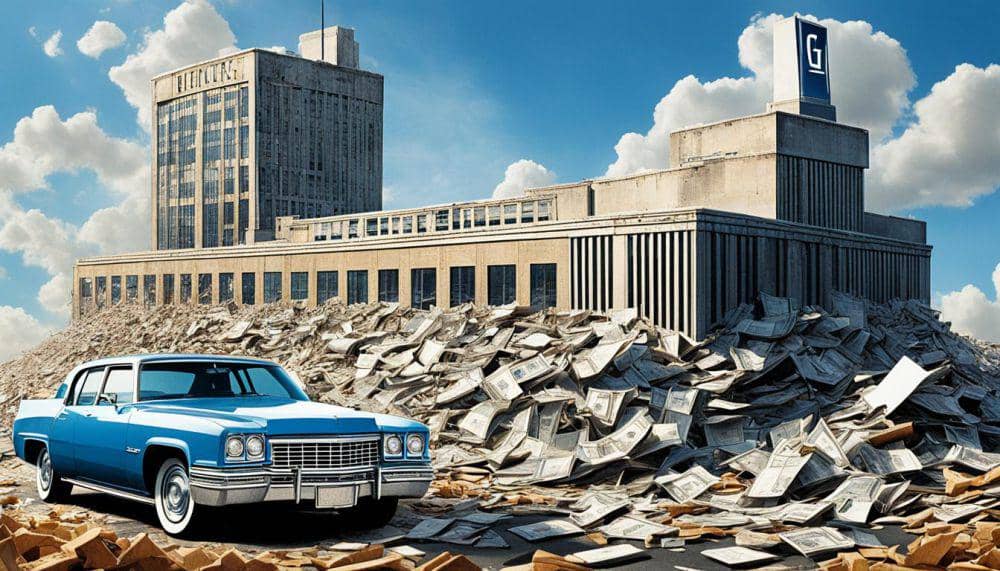 Foto General Motors selama kejatuhannya, menekankan kesulitan keuangan dan kebangkrutan perusahaan.