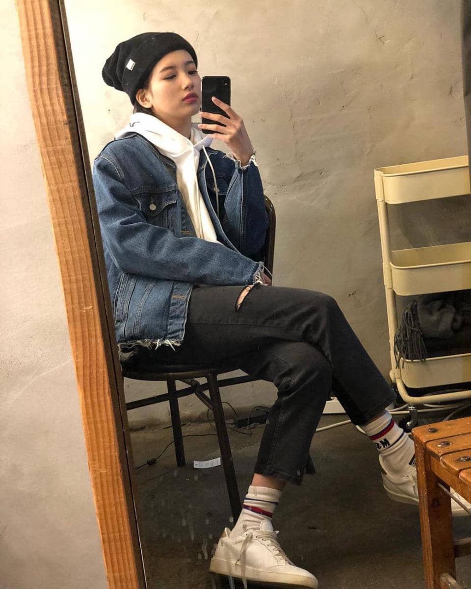 referensi OOTD jaket dan sweater ala suzy (instragram.com/skuukzky)
