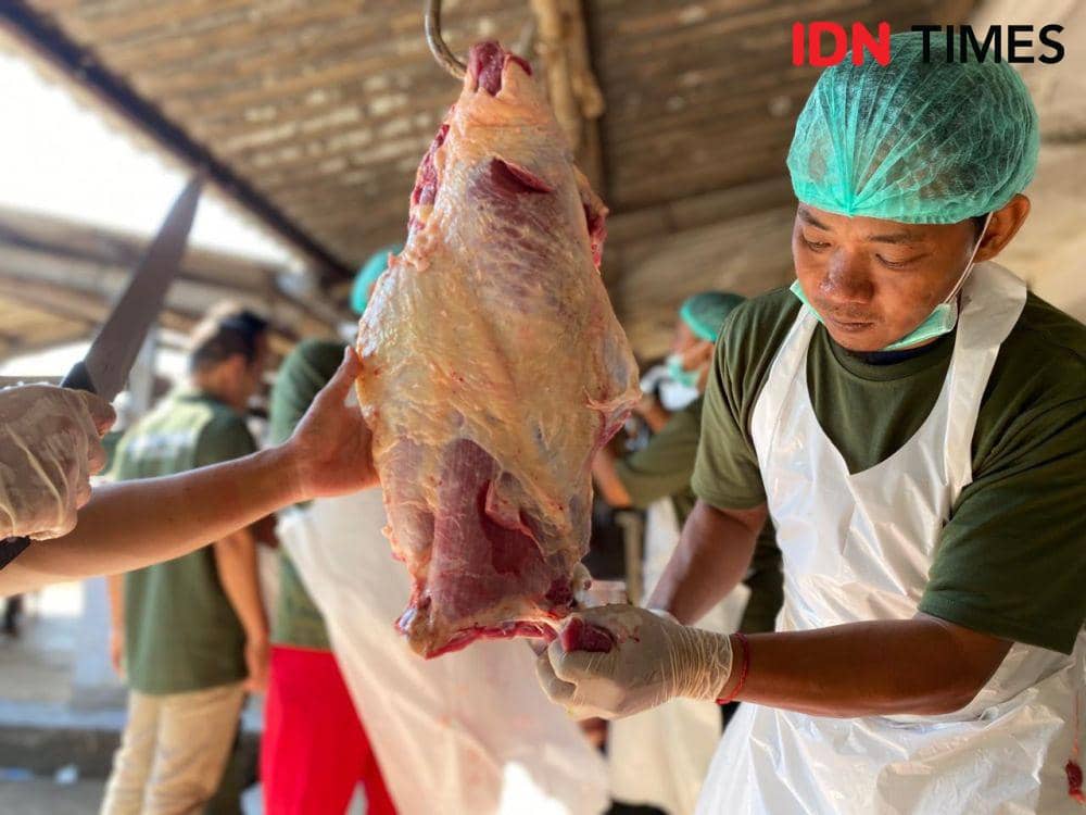 Suasana penyembelihan hewan kurban di Rumah Potong Hewan (RPH) Surabaya, Senin (17/6/2024). (IDN Times/Khusnul Hasana)