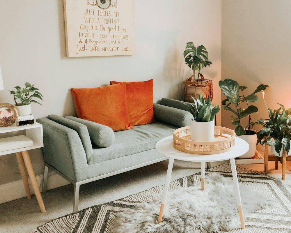 ilustrasi sofa abu-abu muda dan bantal merah ceri (unsplash.com/Yehleen gaffney)