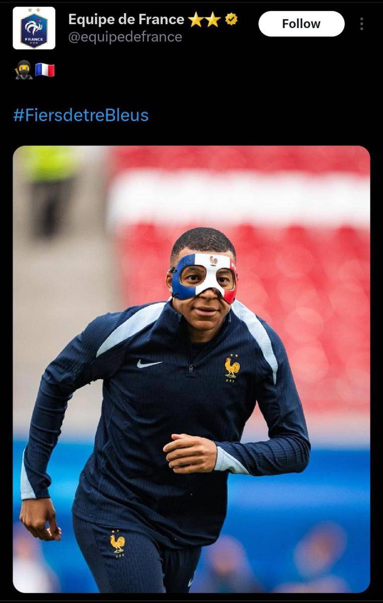 Kylian Mbappe pakai topeng di Euro 2024. (x.com/equipedefrance)