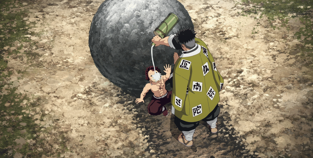 Gyomei menyelamatkan Tanjiro yang dehidrasi (dok. Ufotable/ Kimetsu no Yaiba Season 4 Hashira Training Arc)
