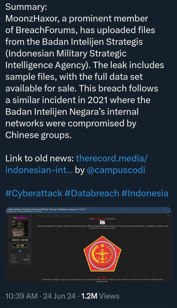 Dokumen milik Badan Intelijen Strategis yang bocor darkweb. (Tangkapan layar Twitter Falcon Feeds)
