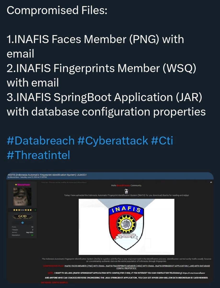 Peretas unggah informasi bahwa mereka berhasil membobol data milik INAFIS Polri. (Dokumentasi tangkapan layar media sosial)