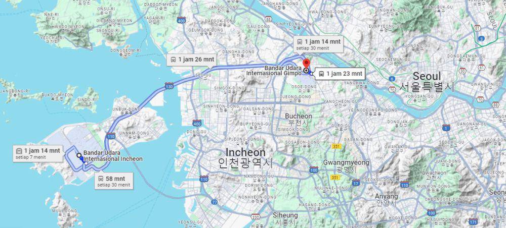 lokasi Bandara Incheon dan Bandara Gimpo (tangkapan layar Google Maps)