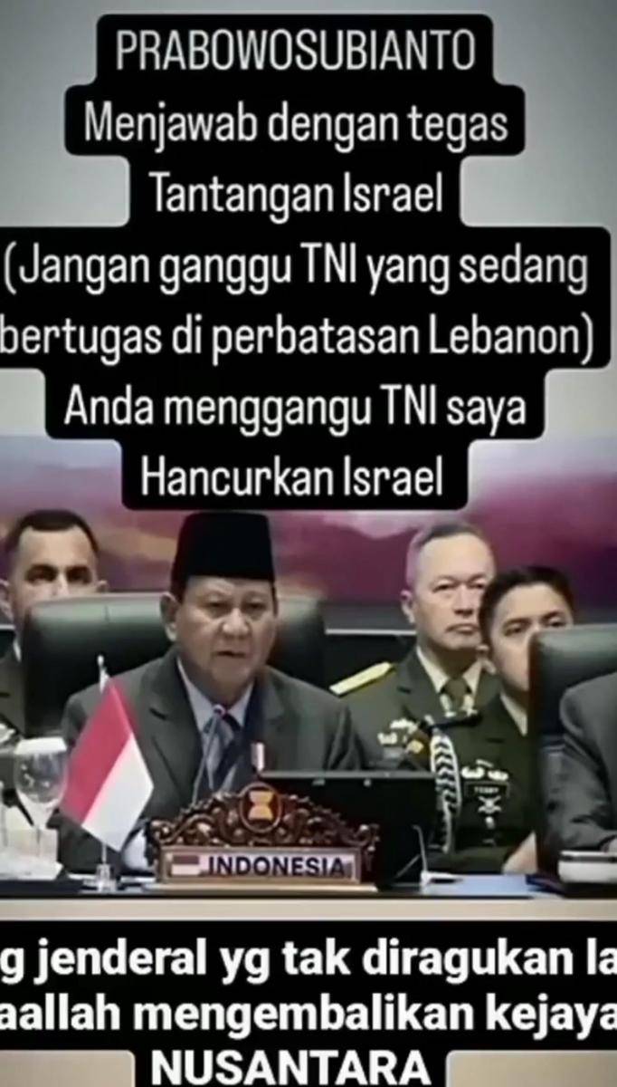 Narasi bahwa Prabowo menyebut akan menghancurkan Israel bila ganggu TNI di Lebanon. (www.x.com/@adri_7i)