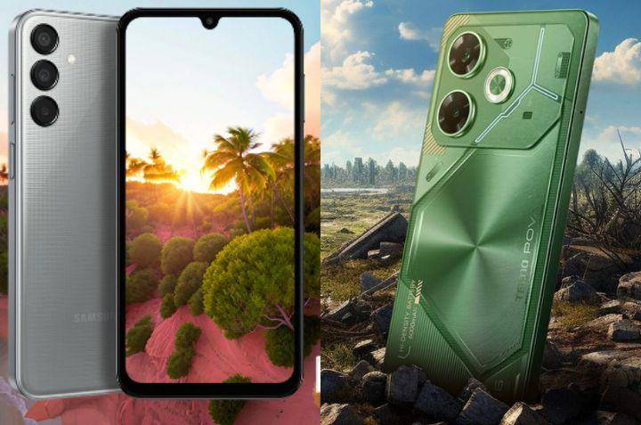 Samsung Galaxy M15 5G dan TECNO Pova 6 (samsung.com | tecno-mobile.com)