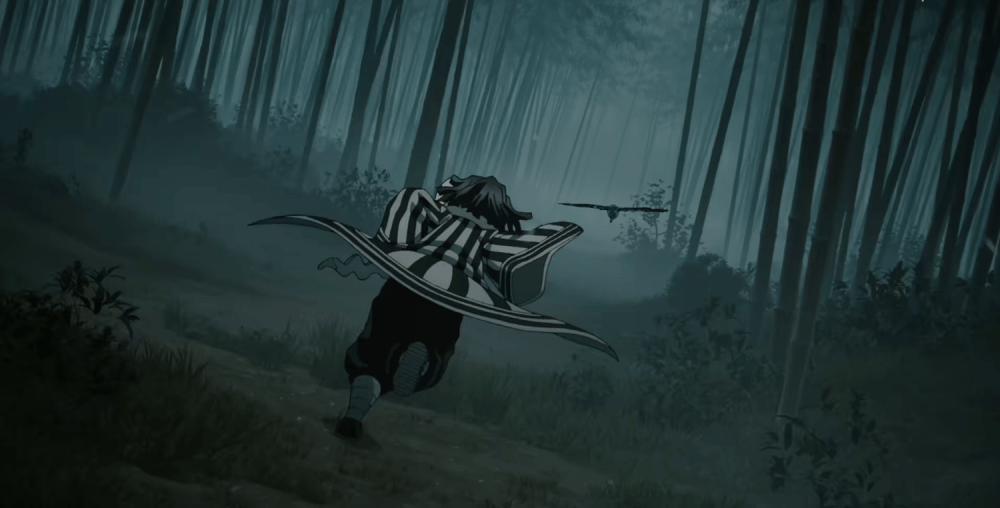 Obanai dalam perjalanan menuju rumah Ubuyashiki (dok. Ufotable/ Kimetsu no Yaiba Season 4 Hashira Training Arc)
