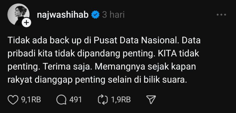 Cuitan Najwa Shihab soal ketidaan back up data di akun Threads pribadinya (threads.net/@najwashihab)