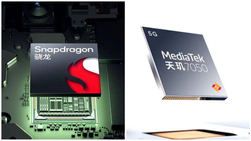 ilustrasi prosesor Qualcomm Snapdragon 695 (kiri) dan MediaTek Dimensity 1080 (kanan) (oppo.com)