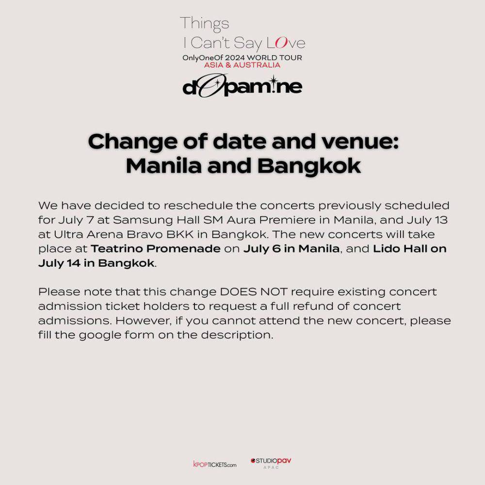 perubahan venue dan tanggal konser OnlyOneOf di Manila dan Bangkok (instagram.com/studiopav_apac)