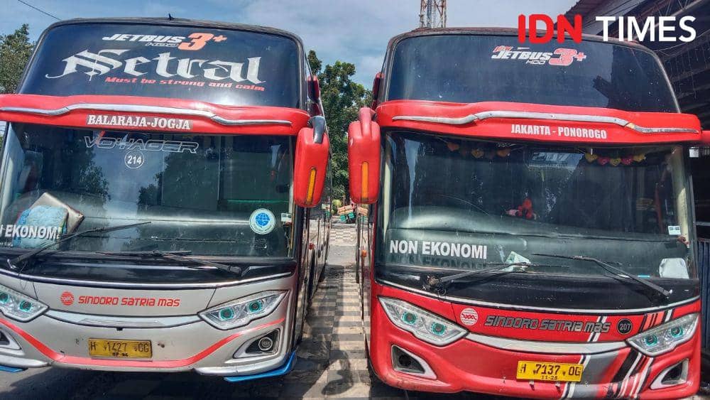 Dua bus milik Sindoro Satriamas parkir di depan garasi PO Sindoro Satriamas Jalan Madukoro Raya. (IDN Times/Fariz Fardianto)
