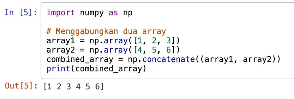 Coding fungsi concatenate dengan kombinasi array dan NumPy (cocalc.com/Reyvan Maulid)