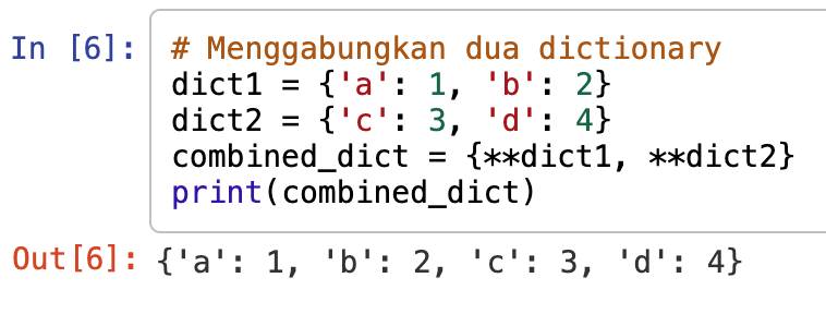 Coding fungsi concatenate dengan menggabungkan tipe data dictionary (cocalc.com/Reyvan Maulid)