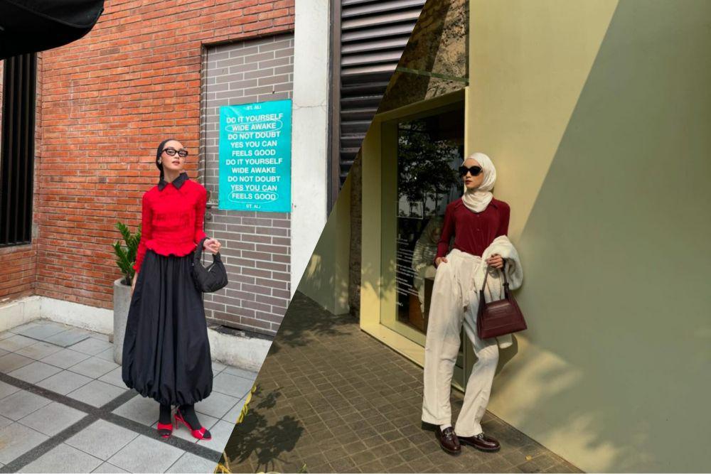 8 Outfit Merah ala Sadrina Octadelya, Rona Cherry vs Burgundy