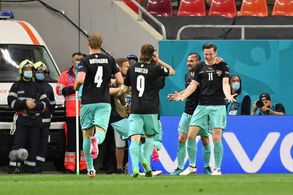 Austria merayakan gol ke gawang Makedonia Utara pada fase grup Euro 2020. (x.com/EURO2024)