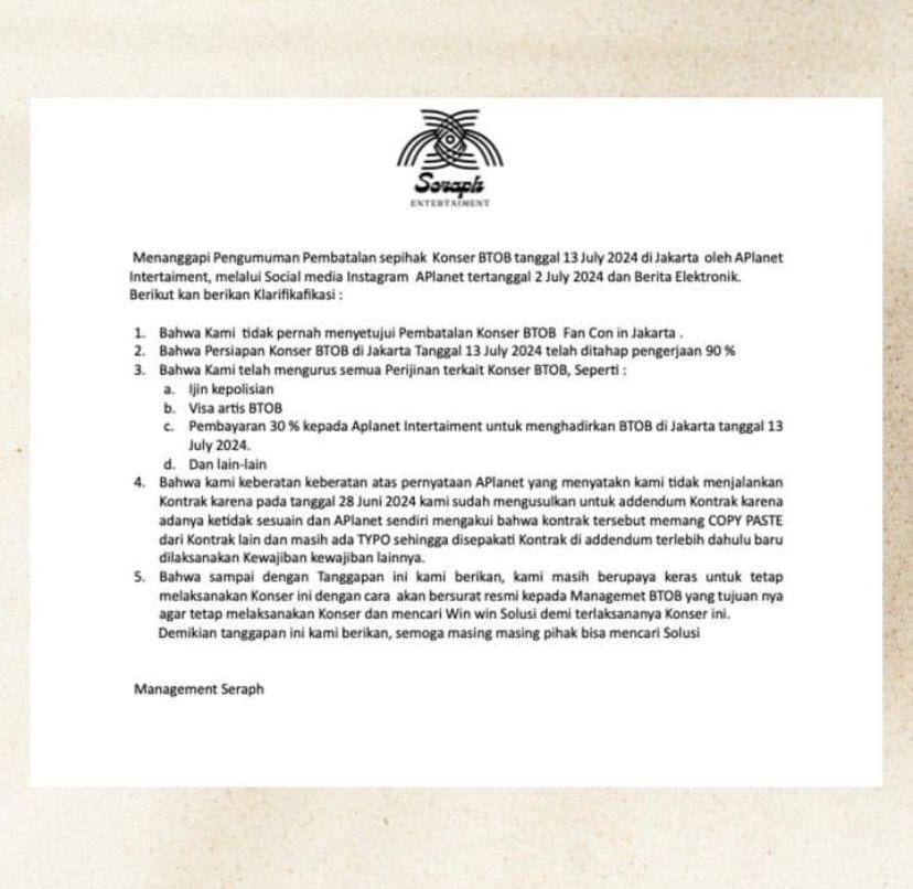tangkapan layar pernyataan klarifikasi Seraph Entertainment (Instagram.com/seraph_entertainment)