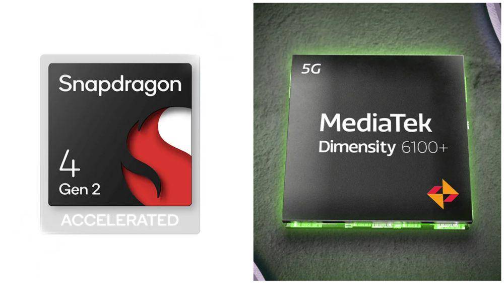 ilustrasi prosesor Qualcomm Snapdragon 4 Gen 2 AE (kiri) dan MediaTek Dimensity 6100+ (kanan)