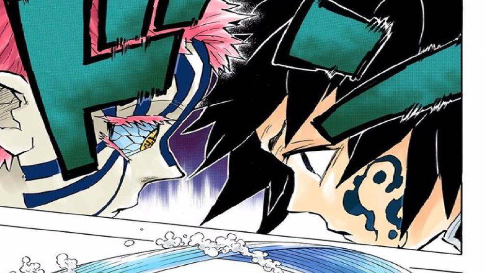 Giyu membangkitkan Slayer Mark saat bertarung melawan Akaza. (dok. ufotable/Demon Slayer: Kimetsu no Yaiba)