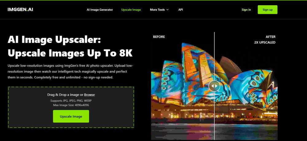 tangkapan layar AI Image Upscaler (imggen.ai/tools/upscale-image)