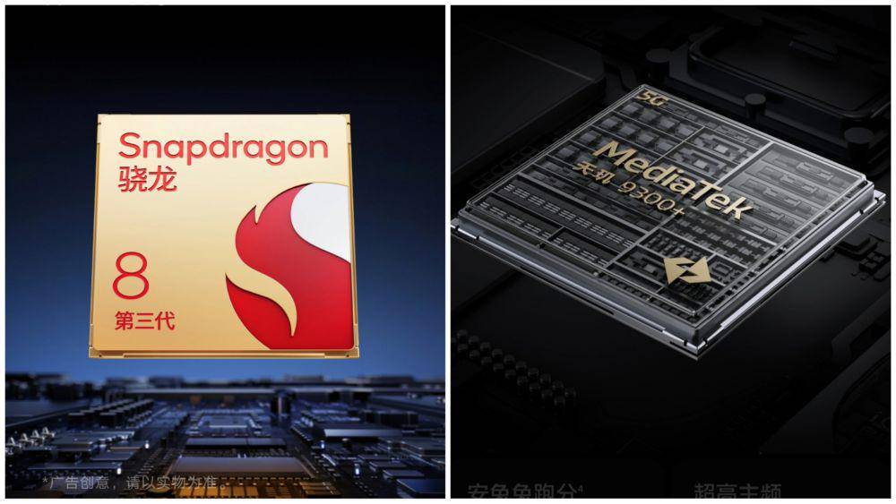 ilustrasi prosesor Qualcomm Snapdragon 8 Gen 3 (kiri) dan MediaTek Dimensity 9300+ (kanan)