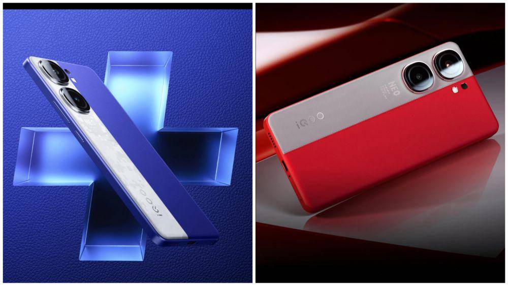 punggung iQOO Neo9S Pro+ warna biru putih (kiri) dan iQOO Neo9S Pro warna merah putih (kanan)