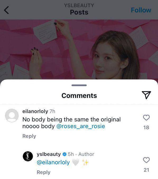 tangkapan layar YSL Beauty yang menggapi komentar kebencian soal Sana TWICE (x.com/nalbarabara_bws)