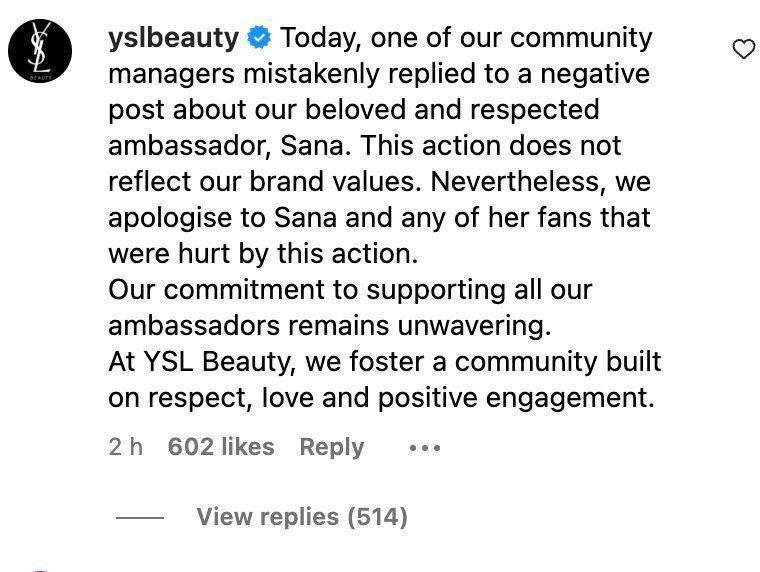 permintaan maaf YSL Beauty kepada Sana TWICE (instagram.com/yslbeauty)