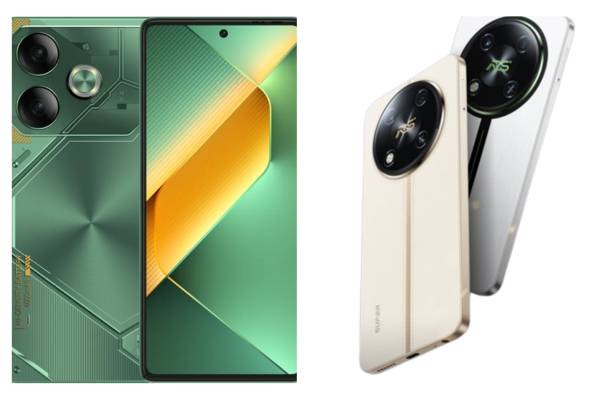 Konsep desain dari TECNO Pova 6 (kiri) (tecno-mobile.com) | itel RS4 (kanan) (tokopedia.com/Itel Official Store)