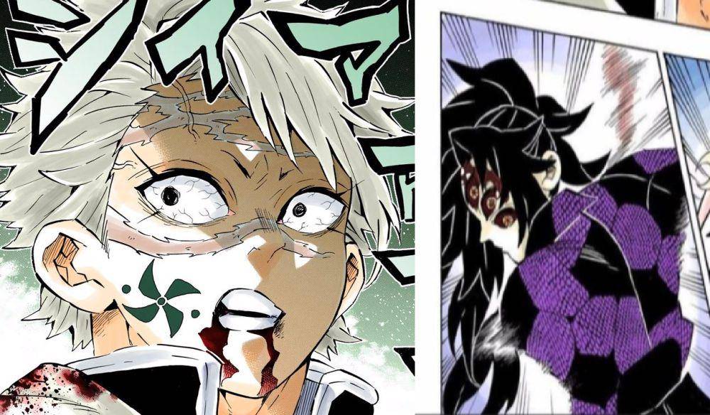 Sanemi Shinazugawa memunculkan Slayer Mark saat diambang kekalahan melawan Iblis Bulan Atas terkuat. (dok. Viz Media/Demon Slayer: Kimetsu no Yaiba)