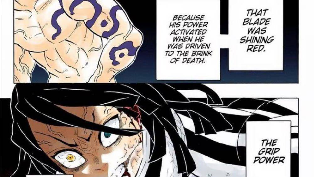 Obanai membangkitkan Slayer Mark saat melawan Muzan Kibutsuji. (dok. ufotable/Demon Slayer: Kimetsu no Yaiba)