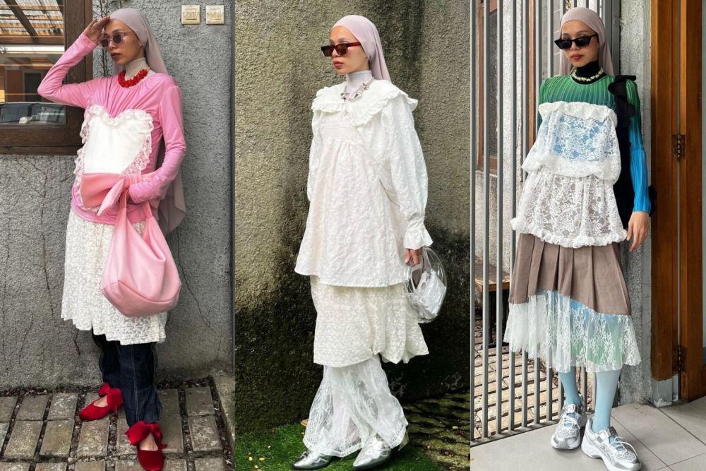 10 Padu Padan OOTD Lace ala Hijaber Nadia Elok, Nyentrik Banget!