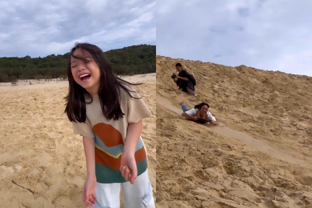 7 Potret Gisel dan Gempi Wisata Seluncuran Pasir di Australia, Seru!