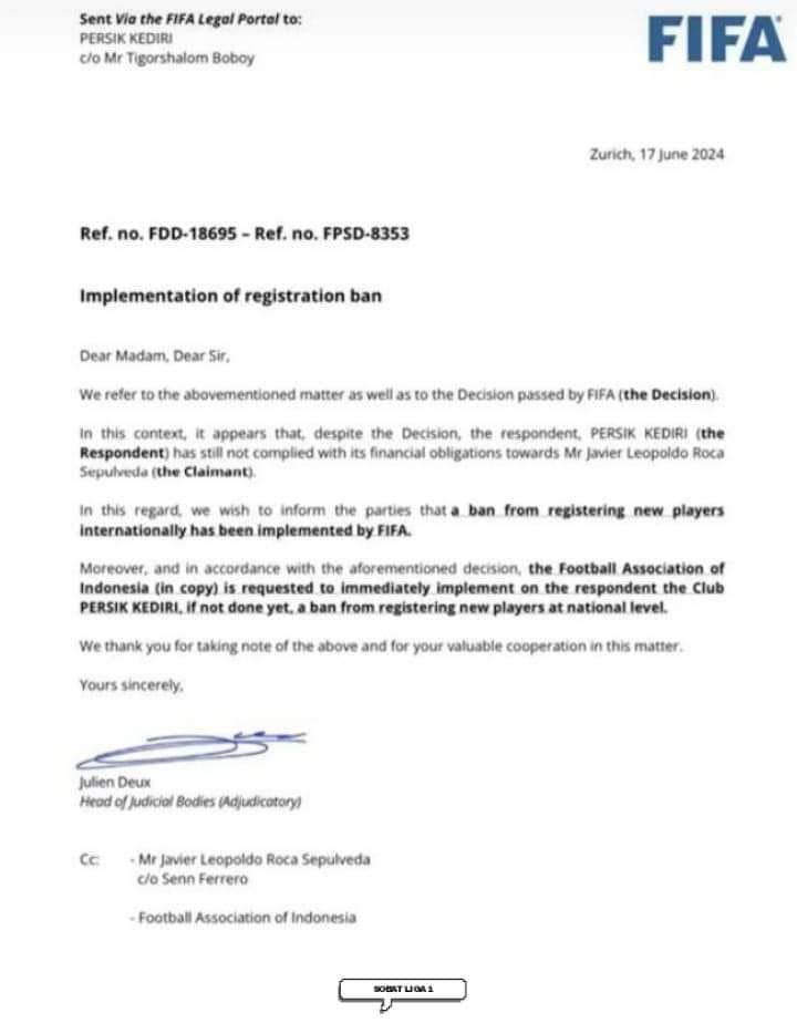 Surat dari FIFA tentang sanksi bagi Persik Kediri. IDN Times/ istimewa