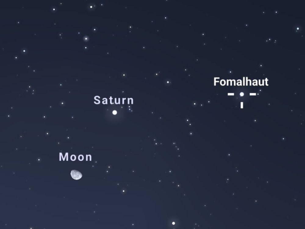 ilustrasi bintang Fomalhaut di antara Bulan dan Saturnus. (stellarium-web.org)
