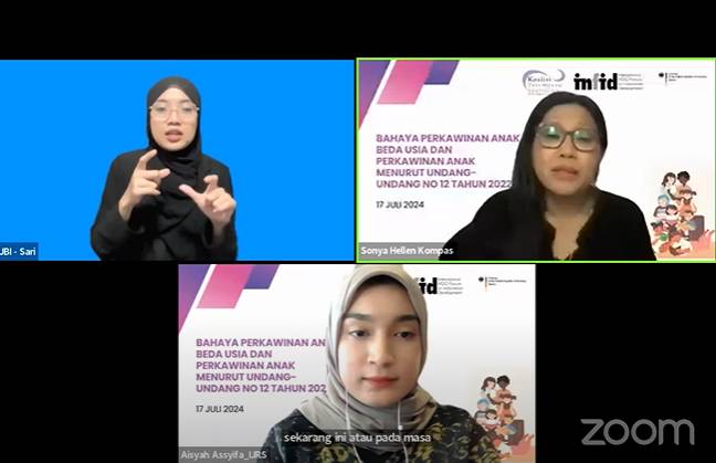 Aisyah Assyifa, Peneliti di Indonesia Judicial Research Society (IJRS)  dalam Webinar: Bahaya Perkawinan Anak dan Perkawinan Anak menurut UU TPKS, Rabu (17/7/2024).