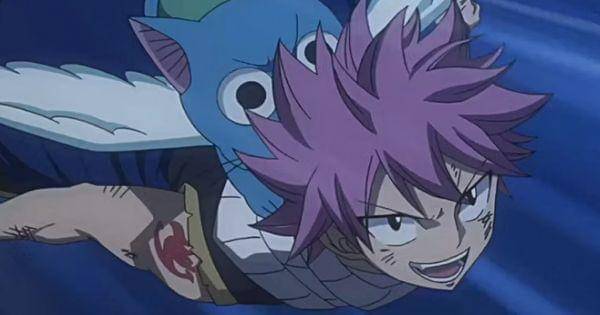Happy membawa Natsu terbang ( Dok. A-1 Pictures / Fairy Tail)
