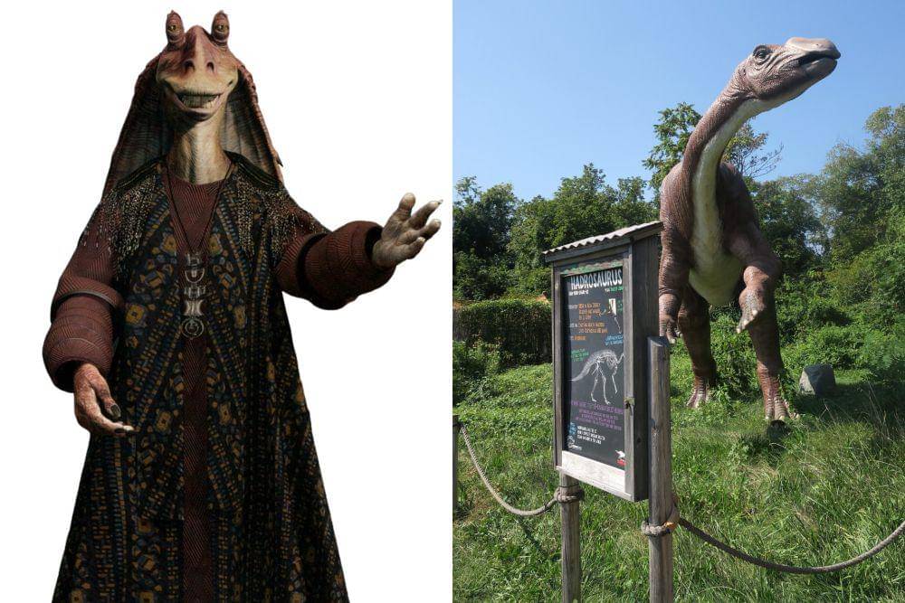 Gungan dan ilustrasi hadrosaurus (deviantart.com/SpeedCom I flickr.com/Wally Gobetz)