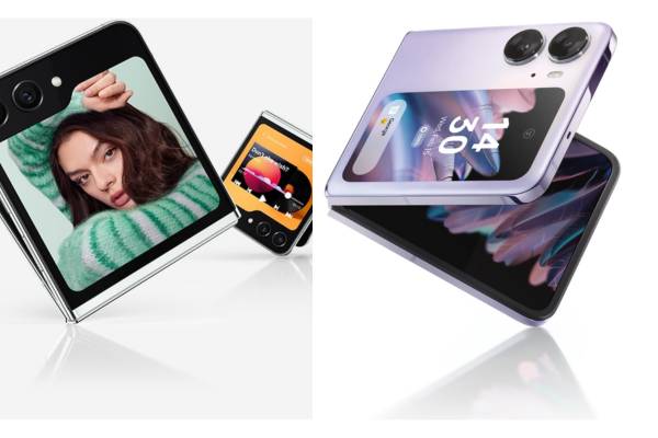 Samsung Galaxy Z Flip5 (kiri) (samsung.com) vs Oppo Find N2 Flip (kanan) (oppo.com)