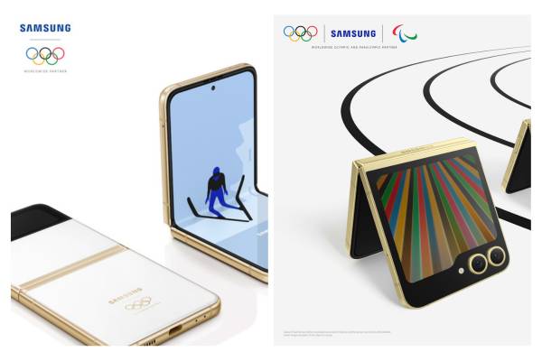 Galaxy Z Flip3 Edisi Olimpiade Beijing 2022 Winter (kiri) (samsungmobilepress.com) | Galaxy Z Flip6 Edisi Olimpiade Paris 2024 (kanan) (news.samsung.com)