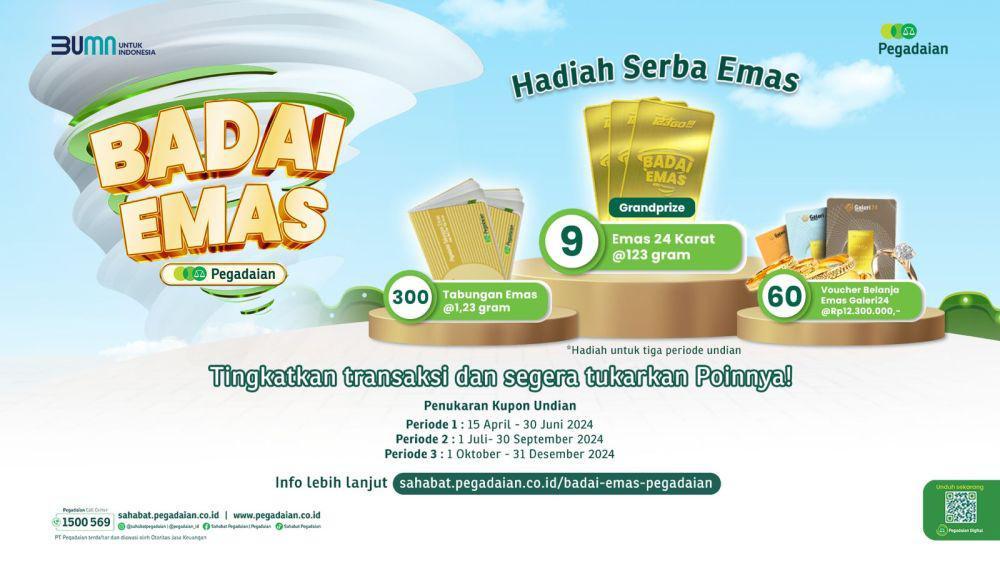Badai Emas Pegadaian hadir kembali di 2024. Spesial di usia Pegadaian yang ke-123 tahun, terdapat 123 hadiah yang siap diberikan kepada nasabah yang beruntung. (Dok. Pegadaian)