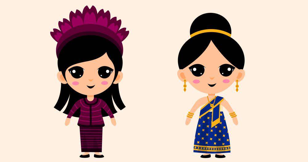 Ilustrasi anak perempuan memakai baju adat berwarna ungu dan biru. Freepik/Jcomp