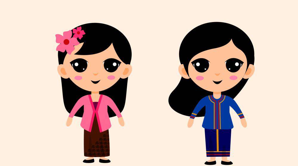 Ilustrasi anak perempuan memakai baju adat berwarna merah muda dan biru. Freepik/Jcomp